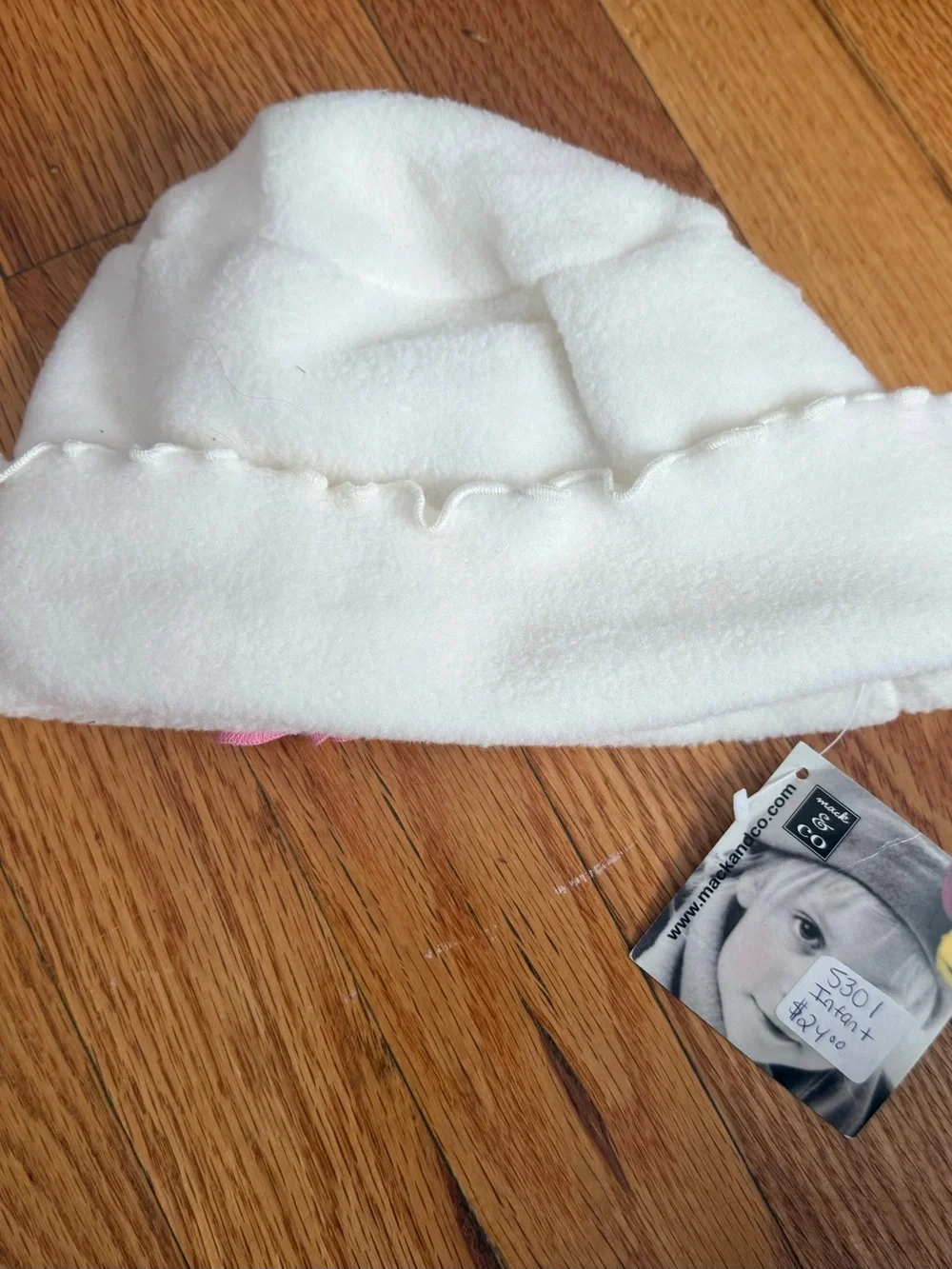 Kids Cream Fleece Hat with Pink Flower